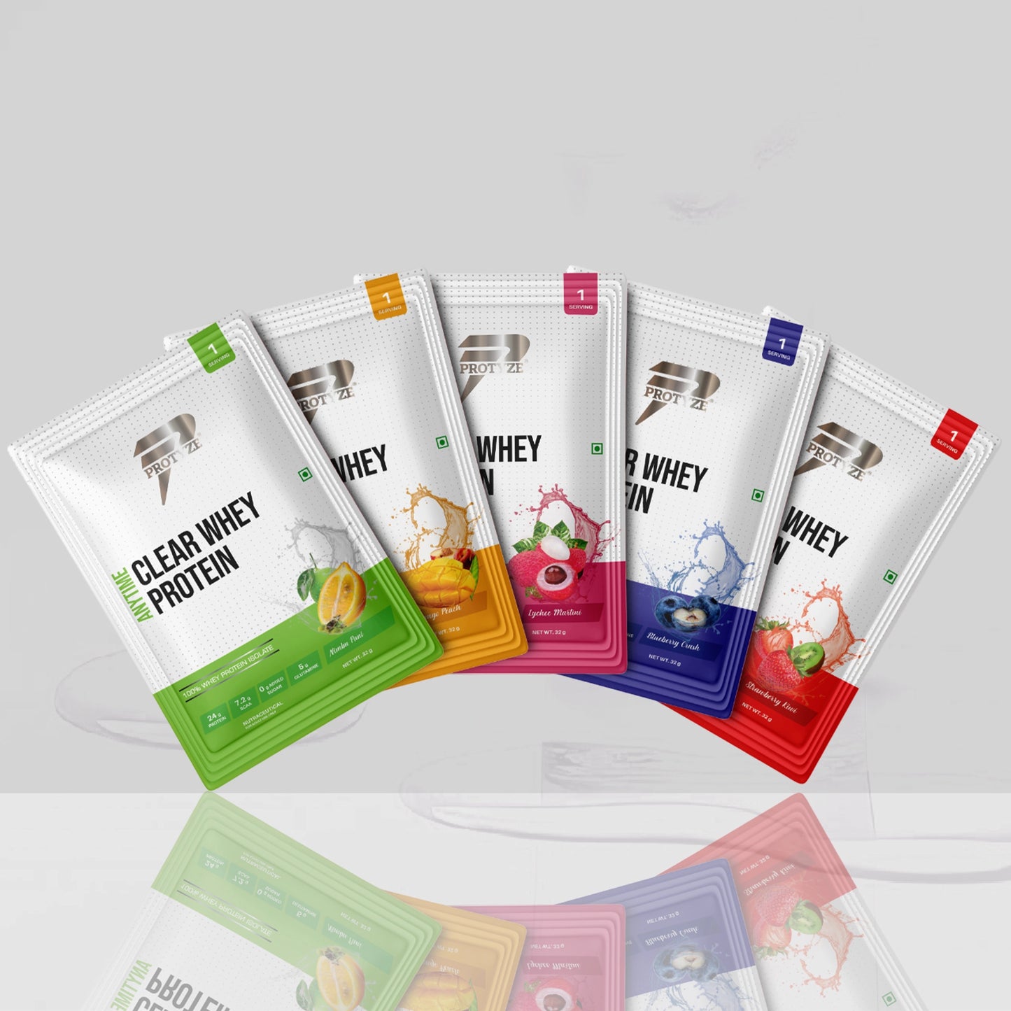 Anytime Clear Whey Protein, Assorted Flavor Set 3 (Nimbu Pani, Lychee Martini, Mango Peach, Blueberry Crush, Strawberry Kiwi)