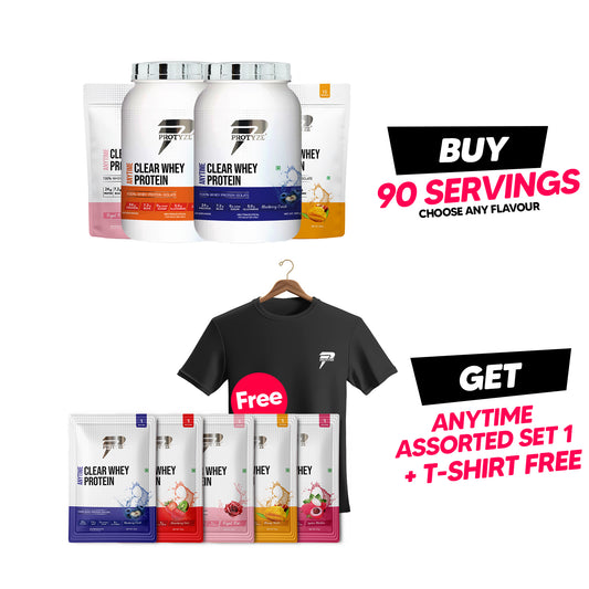 Protyze Anytime Clear Whey Jumbo Offer - (2 Jars + 2 Pouch, Get Anytime Assorted Set 1 (Rose, mango peach, lychee martini, blueberry crush, strawberry kiwi) & T-Shirt Free)