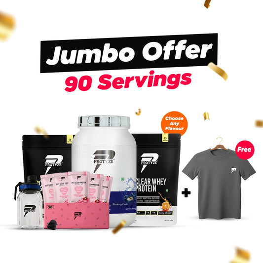 Protyze Clear Whey Jumbo Offer - (1 Anytime Jar + 2 Nitro Pouches + Diet Protein 30 Servings + Shaker & Get T-Shirt Free)