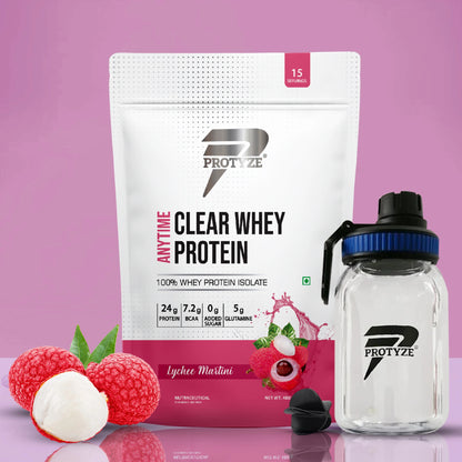 Protyze Anytime Clear Whey Isolate, Lychee Martini + Tritan Shaker with Breaker Ball.