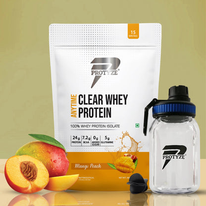 Anytime Clear Whey Protein, Mango Peach + Tritan Shaker with Breaker Ball.