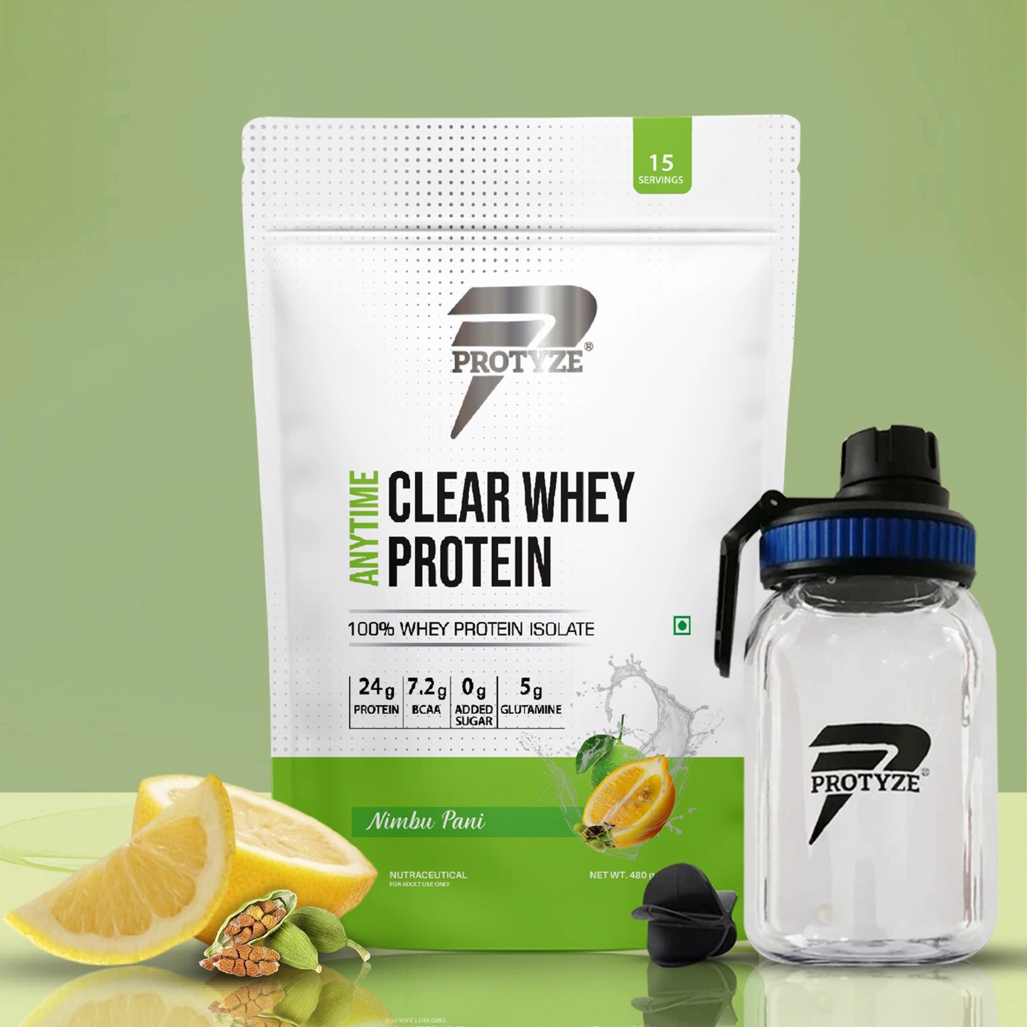 Anytime Clear Whey Protein, Nimbu Pani + Tritan Shaker with Breaker Ball.