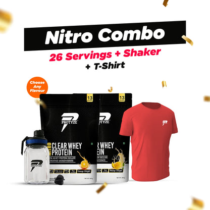 Protyze Clear Whey Isolate Nitro Combo - Nitro 13 Servings 2 Pouches + Shaker & T-Shirt Combo